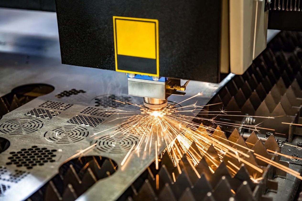 A close view shows an automated laser cutting machine at work fabricating a metal component. Sparks fly as the laser precision cuts through a sheet of gray metal. The geometric and precise shapes cut into the metal showcase the equipment's capabilities.